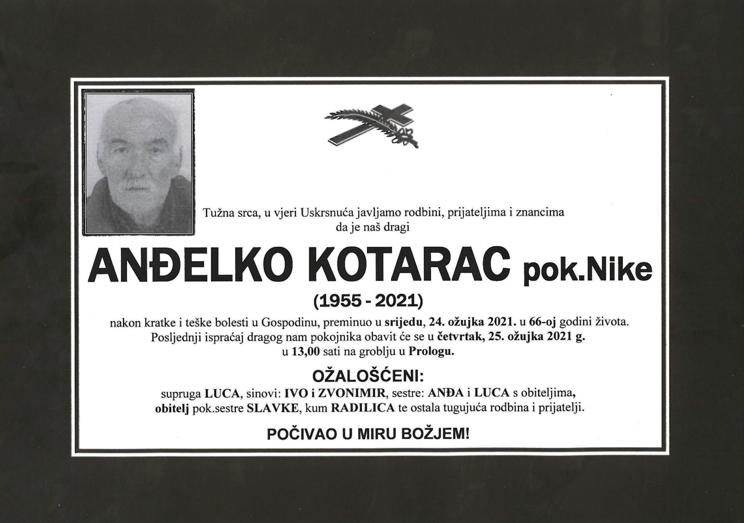 Anđelko Kotarac pok. Nike Osmrtnice Livno